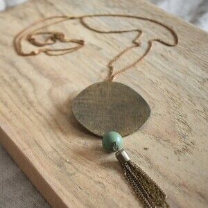 Long Layering Necklace Vintage Brass Chain Turquoise Tassel